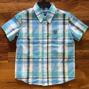NWT Chaps Blue Plaid Collared Pocket Button Down Shortsleeve Shirt Boys Size 4T